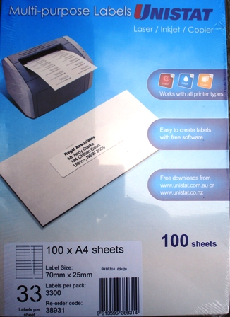 38931 Label Unistat 70x25mm 33 per sheet Box 3300.